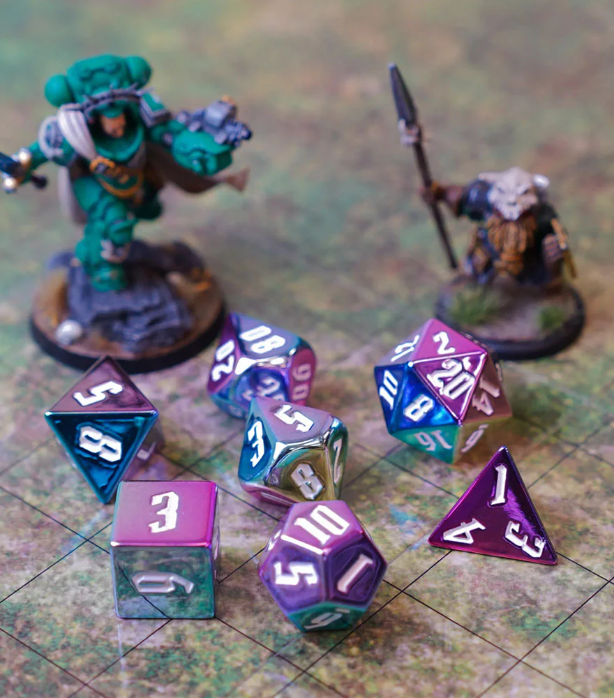 FanRoll Aluminum Plated Acrylic 16mm Polyhedral Dice Set (Rainbow Aegis w/ White Numbers) - Image 2