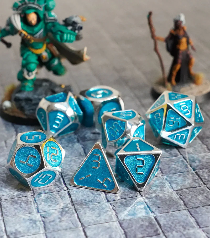 FanRoll Metal 16mm Dice Set (Silver w/ Teal Enamel) - Image 2