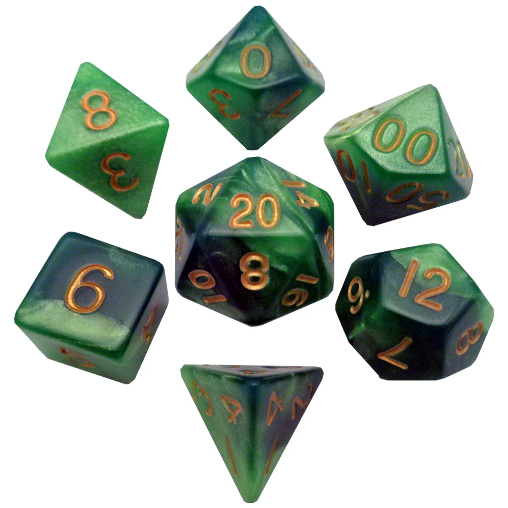 FanRoll Green/Light Green with Gold Numbers Mini 10mm Polyhedral Dice Set